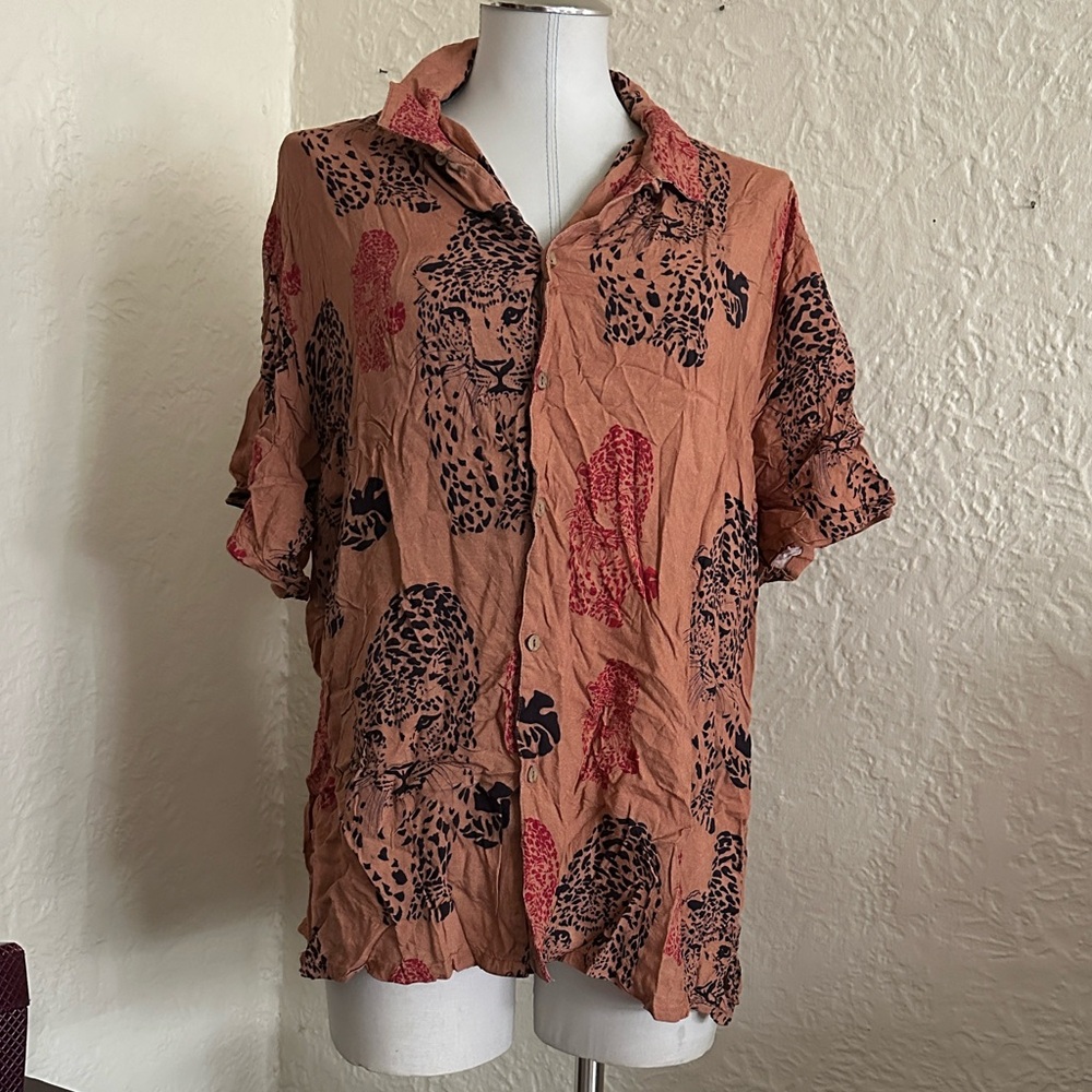 Raga Man Tan Jungle Cat Short Sleeve Button Up Shirt XL